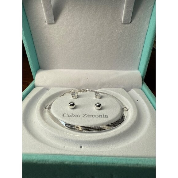 Cubic Zirconia Bracelet & Earrings Set In Gift Box Teal Silver - Picture 1 of 16
